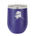 Laser etched purple 12 oz vacuum insulated wine cup with 'Alaska Home' design