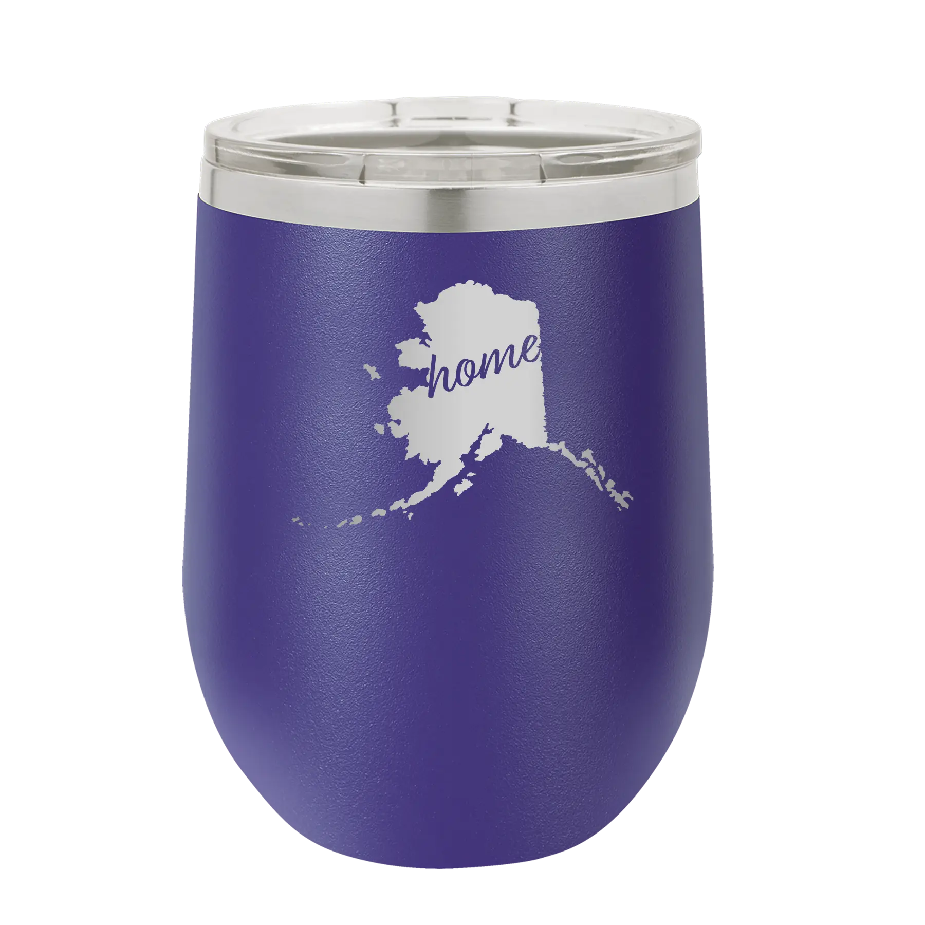 Laser etched purple 12 oz vacuum insulated wine cup with 'Alaska Home' design