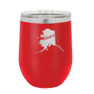 Laser etched red 12 oz vacuum insulated wine cup with 'Alaska Home' design