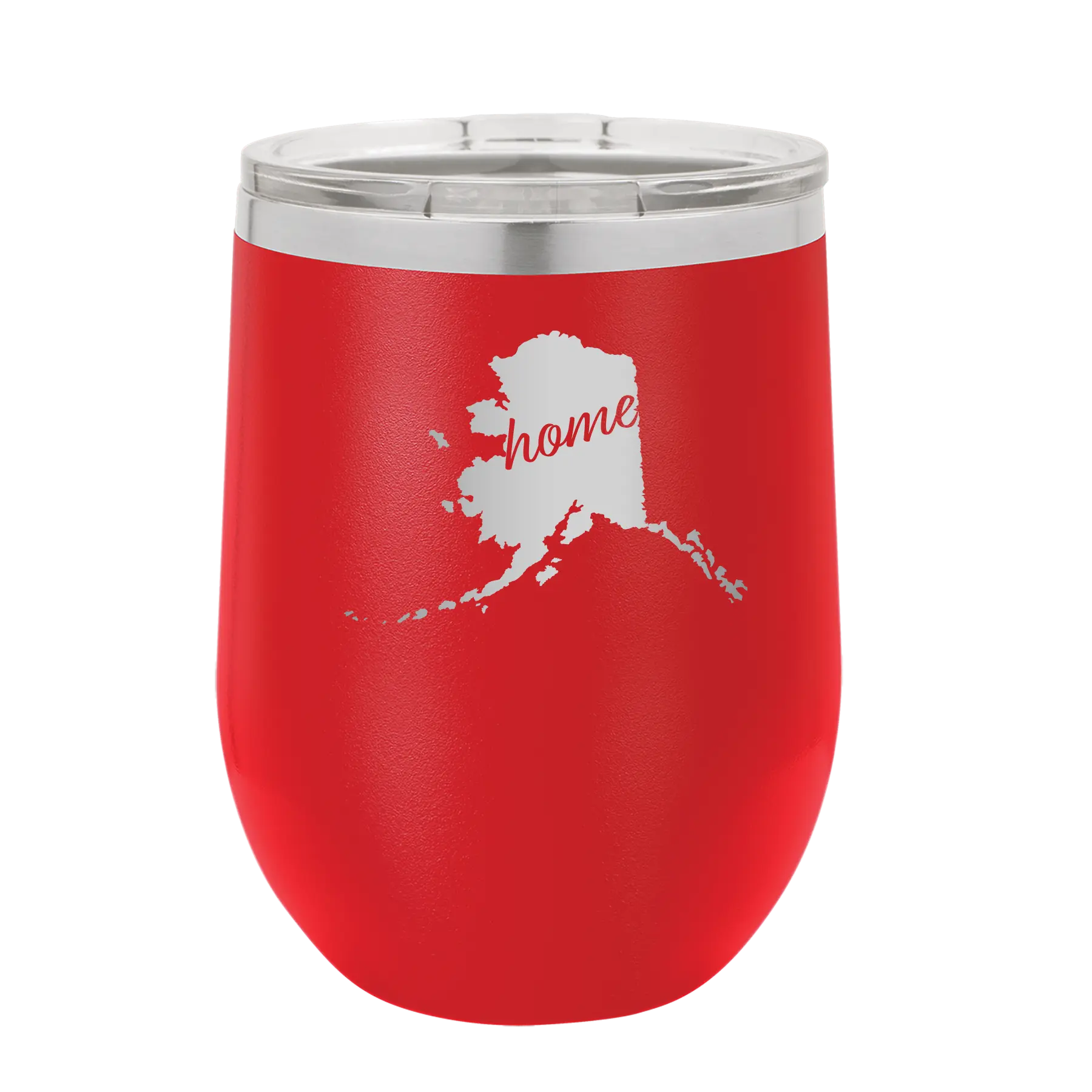 Laser etched red 12 oz vacuum insulated wine cup with 'Alaska Home' design