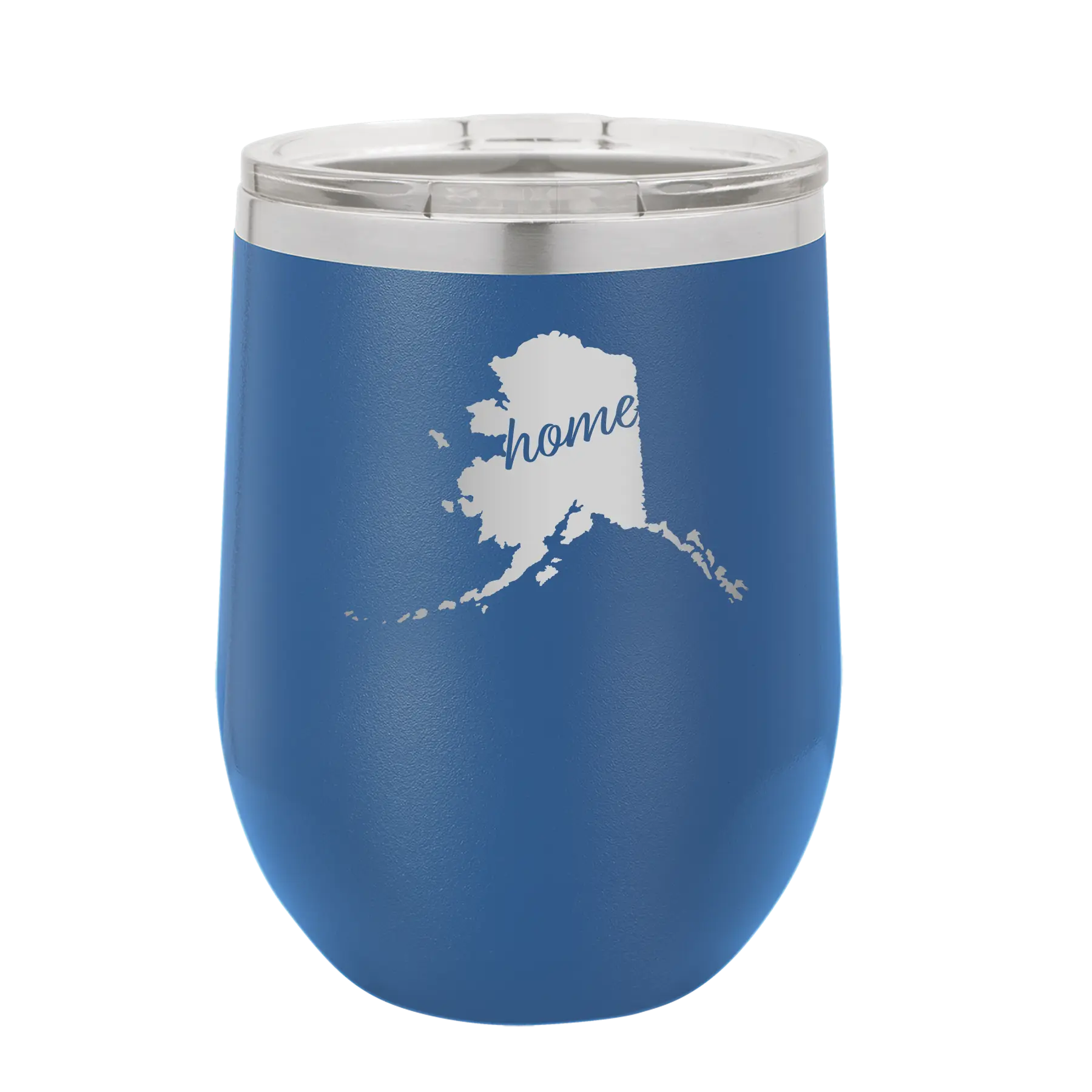 Laser etched royal blue 12 oz vacuum insulated wine cup with 'Alaska Home' design