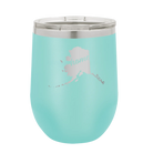 Laser etched teal 12 oz vacuum insulated wine cup with 'Alaska Home' design