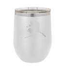 Laser etched white 12 oz vacuum insulated wine cup with 'Alaska Home' design