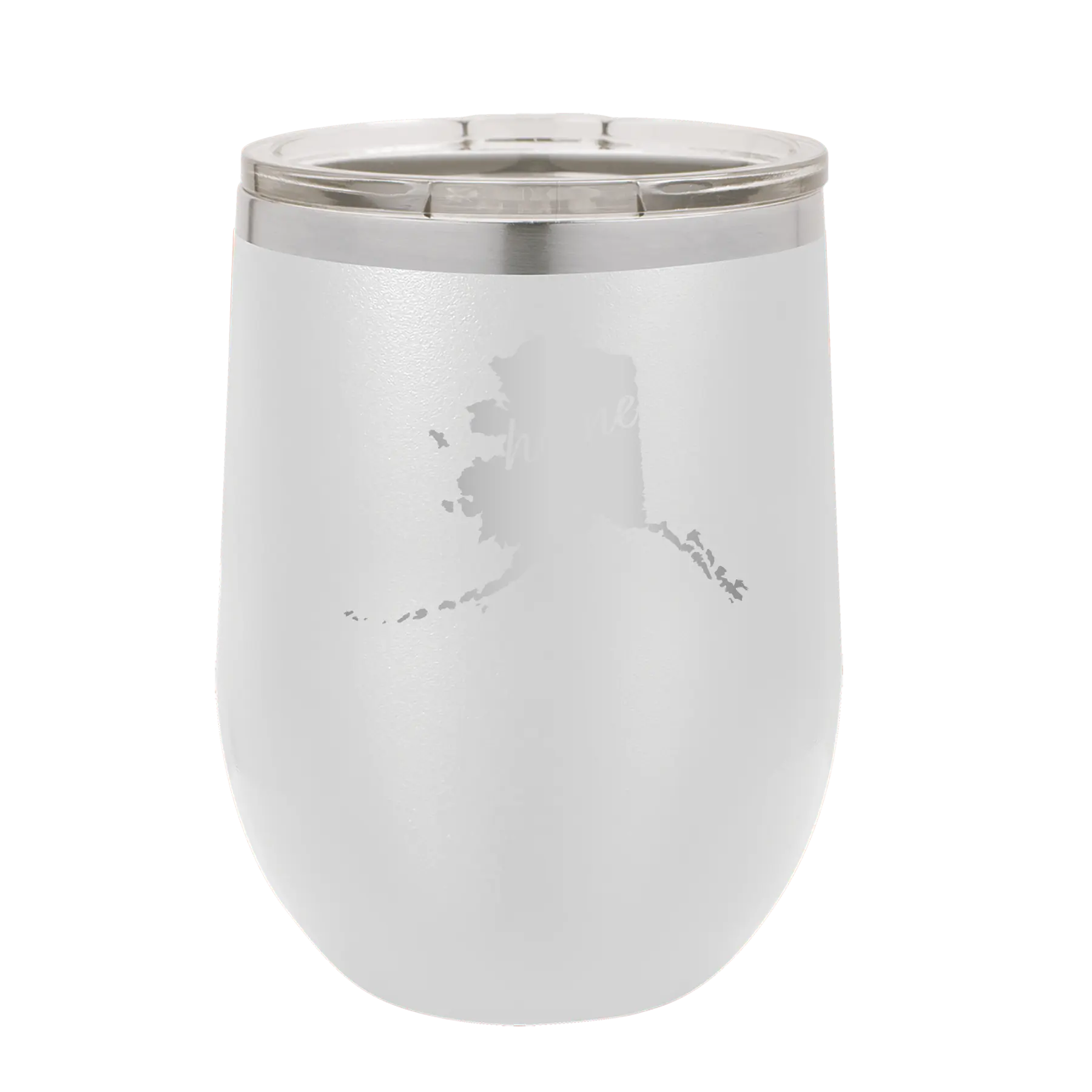 Laser etched white 12 oz vacuum insulated wine cup with 'Alaska Home' design