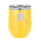 Laser etched yellow 12 oz vacuum insulated wine cup with 'Alaska Home' design