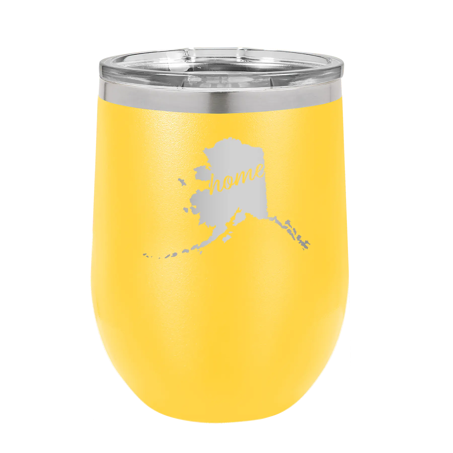 Laser etched yellow 12 oz vacuum insulated wine cup with 'Alaska Home' design