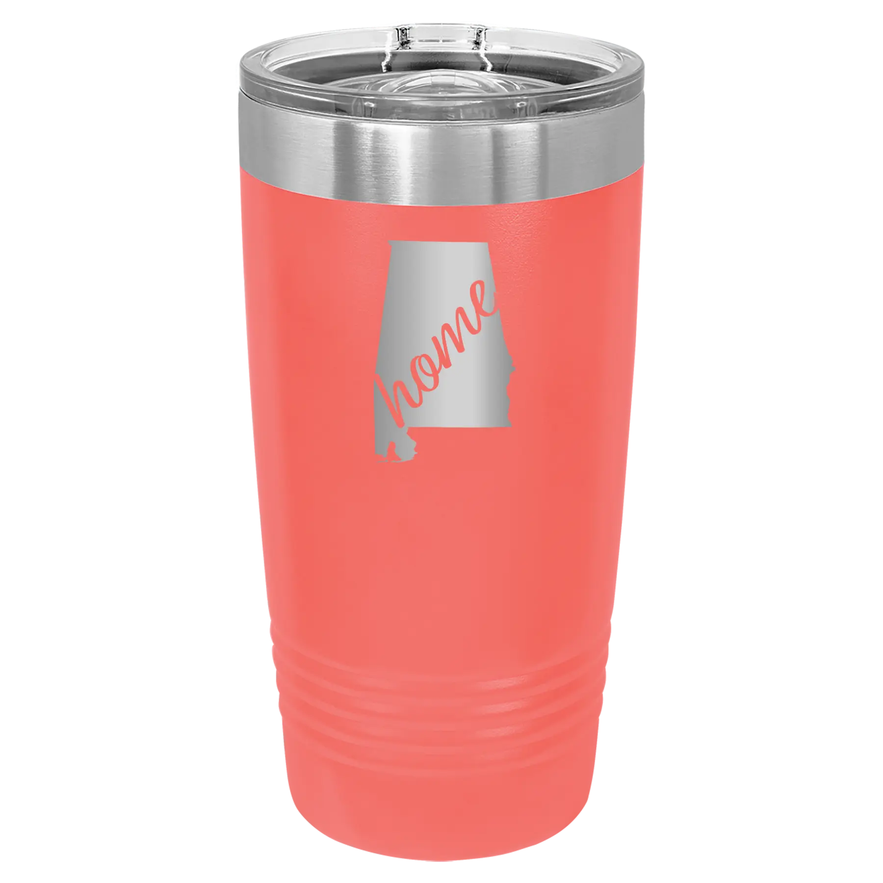 Laser etched coral 20 oz vacuum insulated tumbler with 'Alabama Home' design