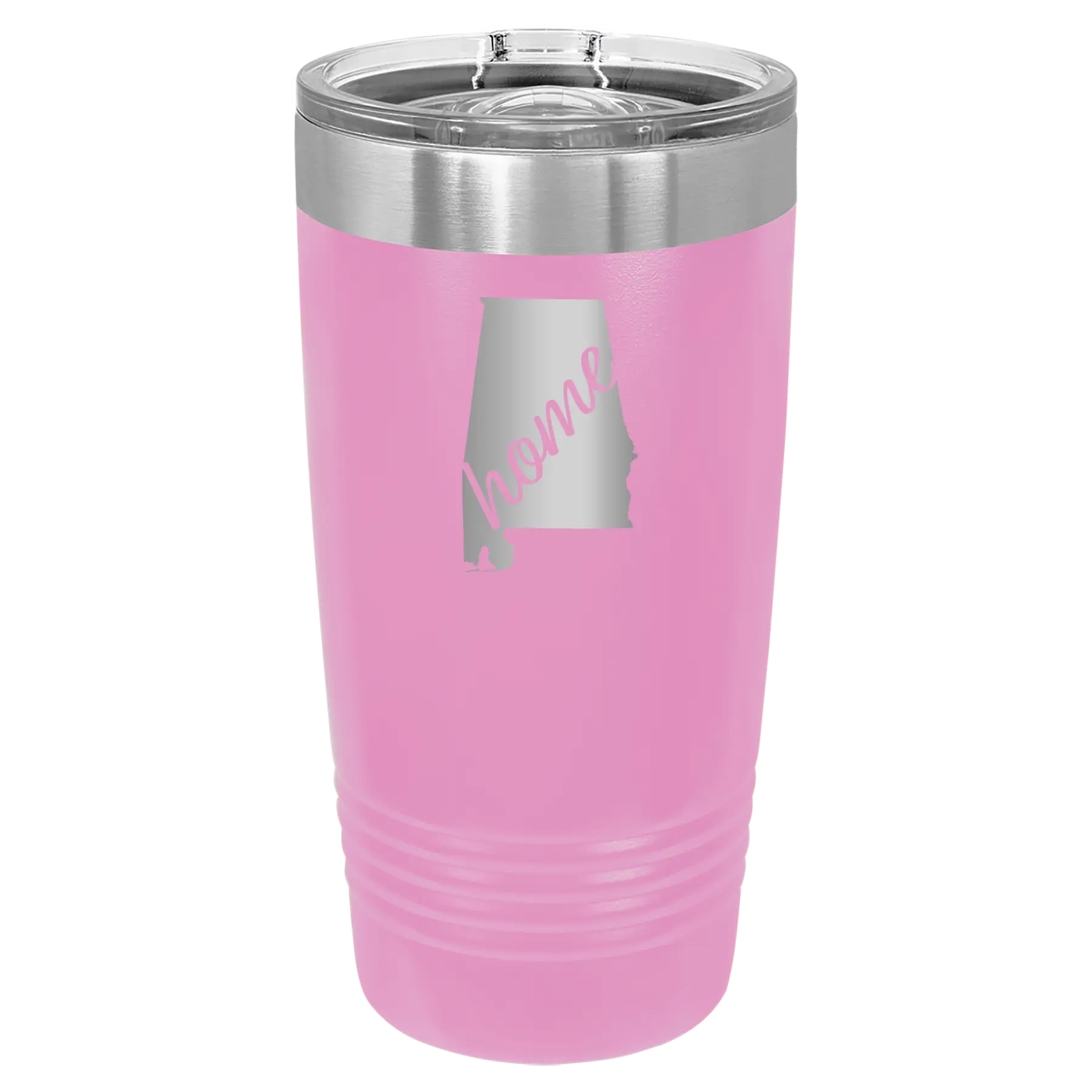 Laser etched light purple 20 oz vacuum insulated tumbler with 'Alabama Home' design