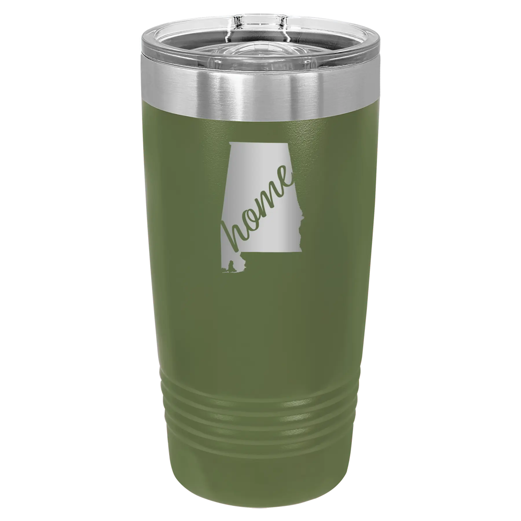 Laser etched olive green 20 oz vacuum insulated tumbler with 'Alabama Home' design