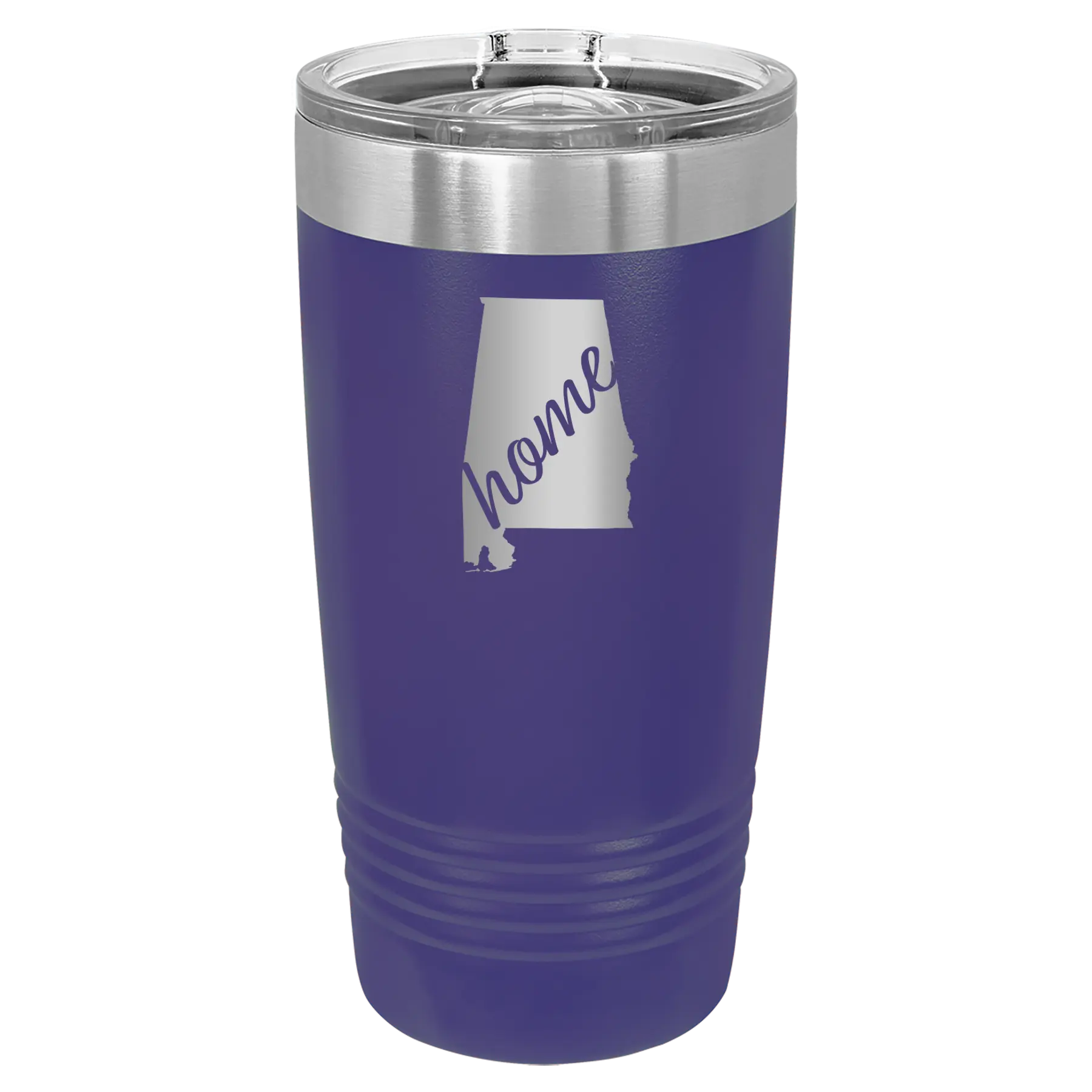 Laser etched purple 20 oz vacuum insulated tumbler with 'Alabama Home' design