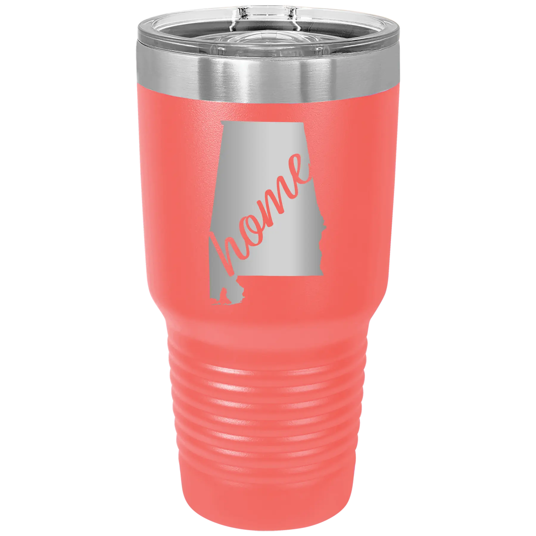 Laser etched coral 30 oz vacuum insulated tumbler with 'Alabama Home' design