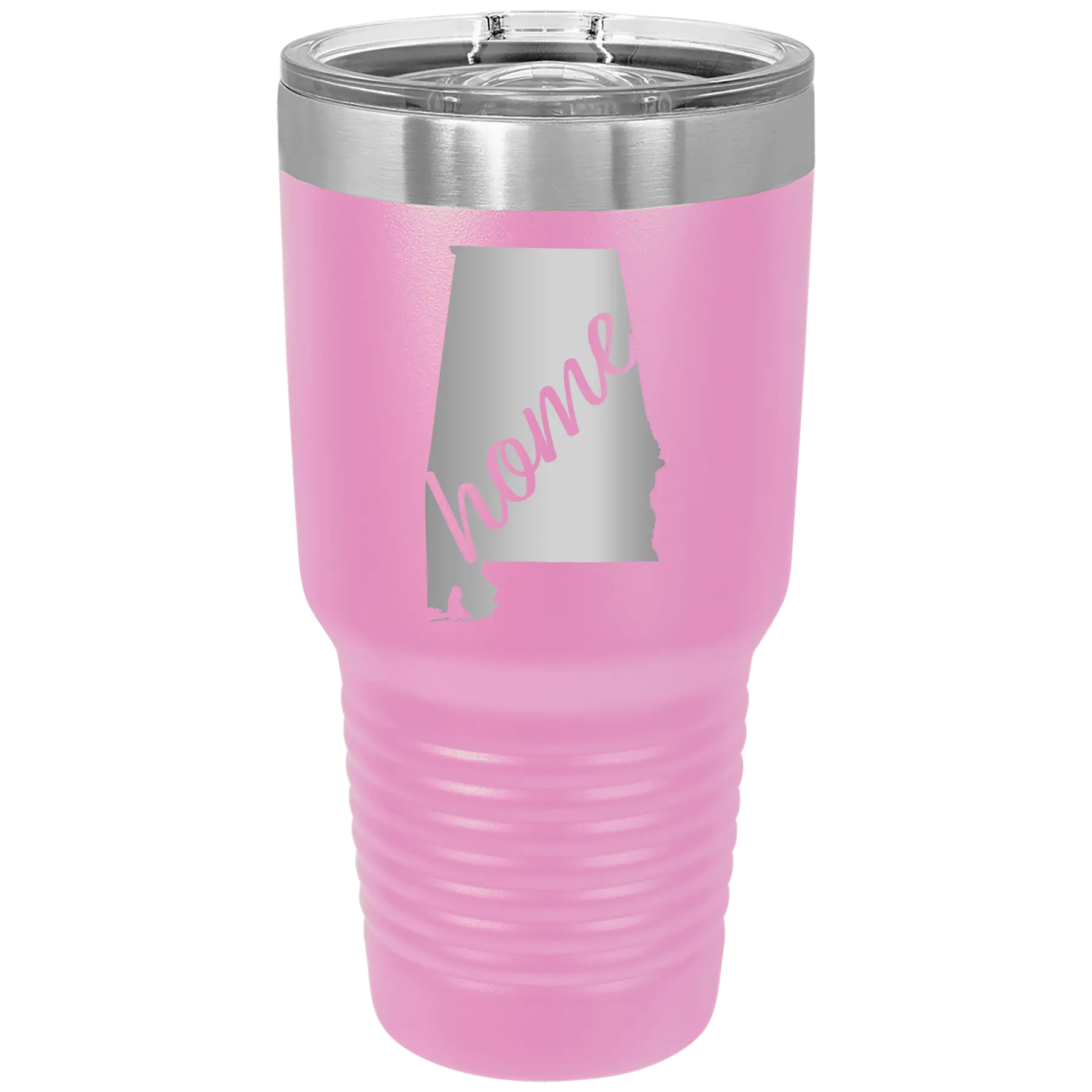 Laser etched light purple 30 oz vacuum insulated tumbler with 'Alabama Home' design