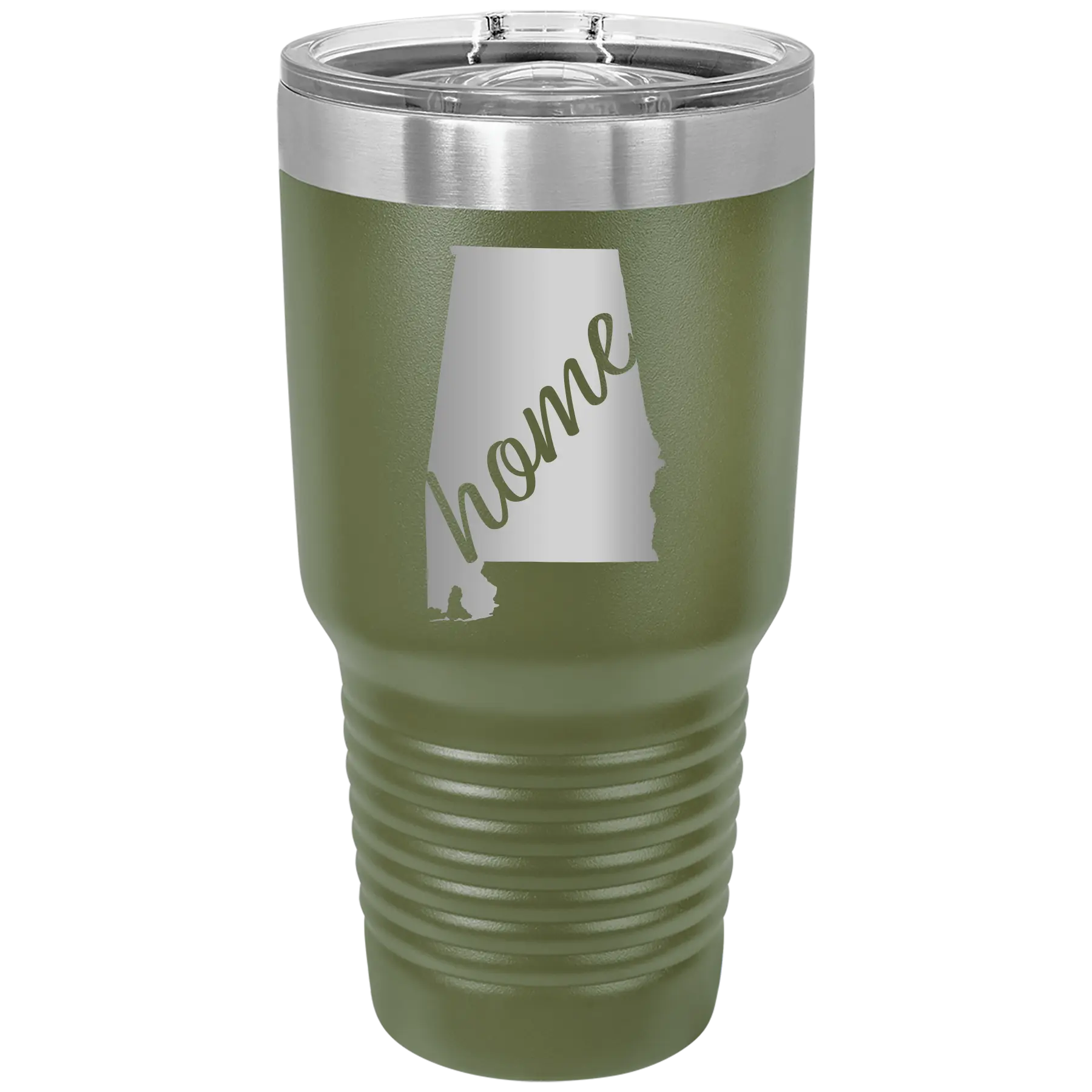 Laser etched olive green 30 oz vacuum insulated tumbler with 'Alabama Home' design