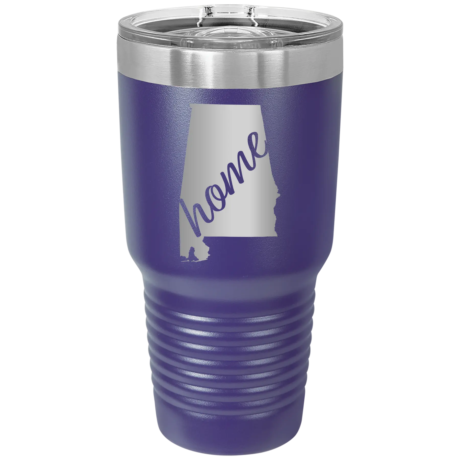 Laser etched purple 30 oz vacuum insulated tumbler with 'Alabama Home' design
