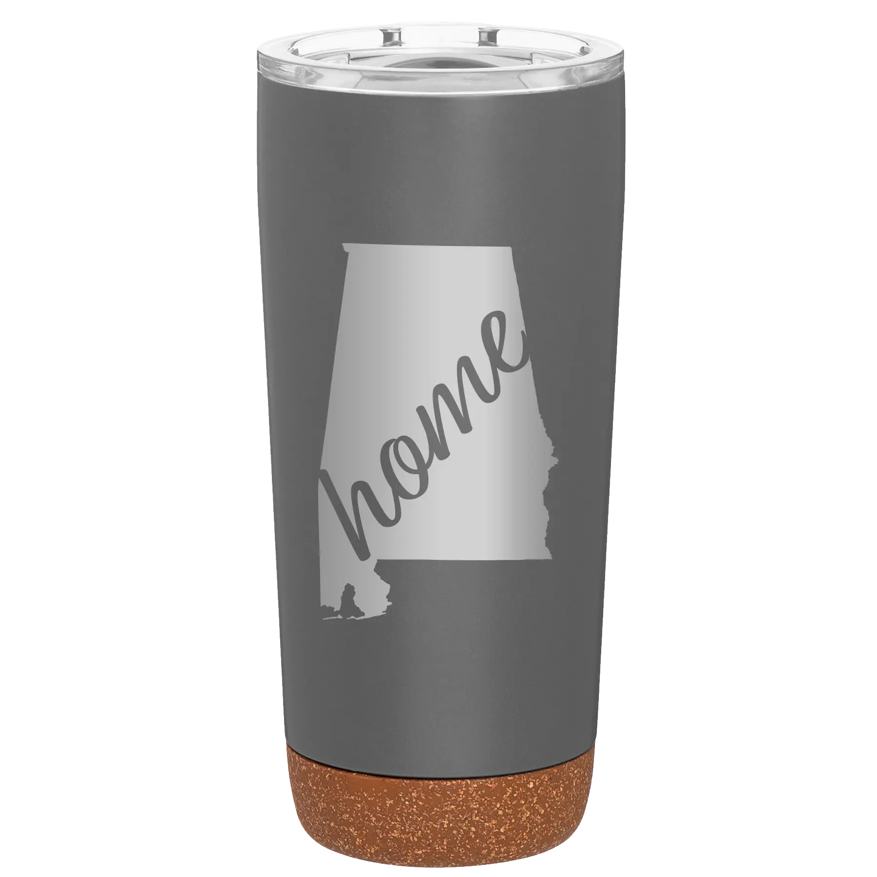 Laser etched storm gray 20 oz vacuum insulated tumbler with 'Alabama Home' design
