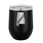 Laser etched black 12 oz vacuum insulated wine cup with 'Alabama Home' design