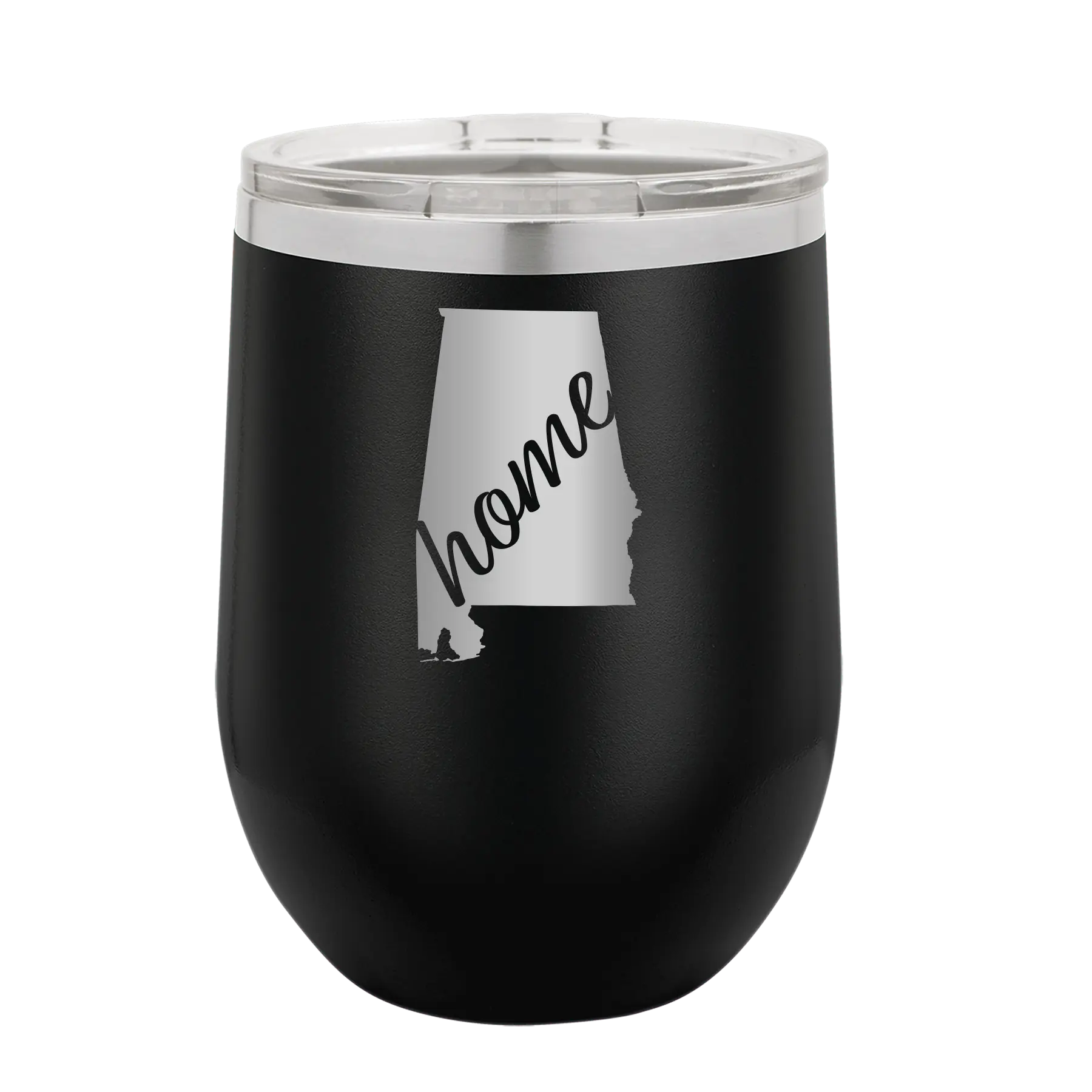 Laser etched black 12 oz vacuum insulated wine cup with 'Alabama Home' design