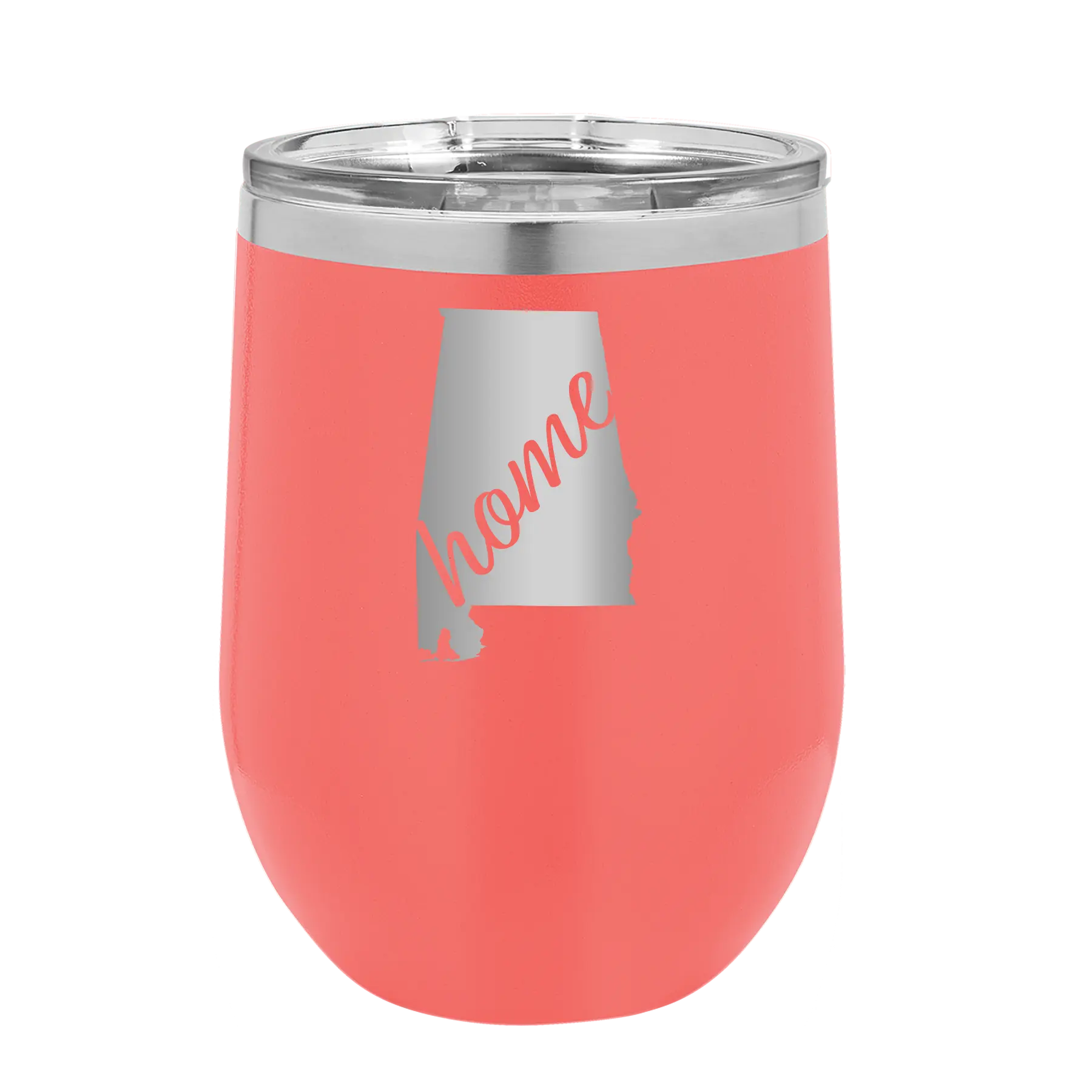 Laser etched coral 12 oz vacuum insulated wine cup with 'Alabama Home' design