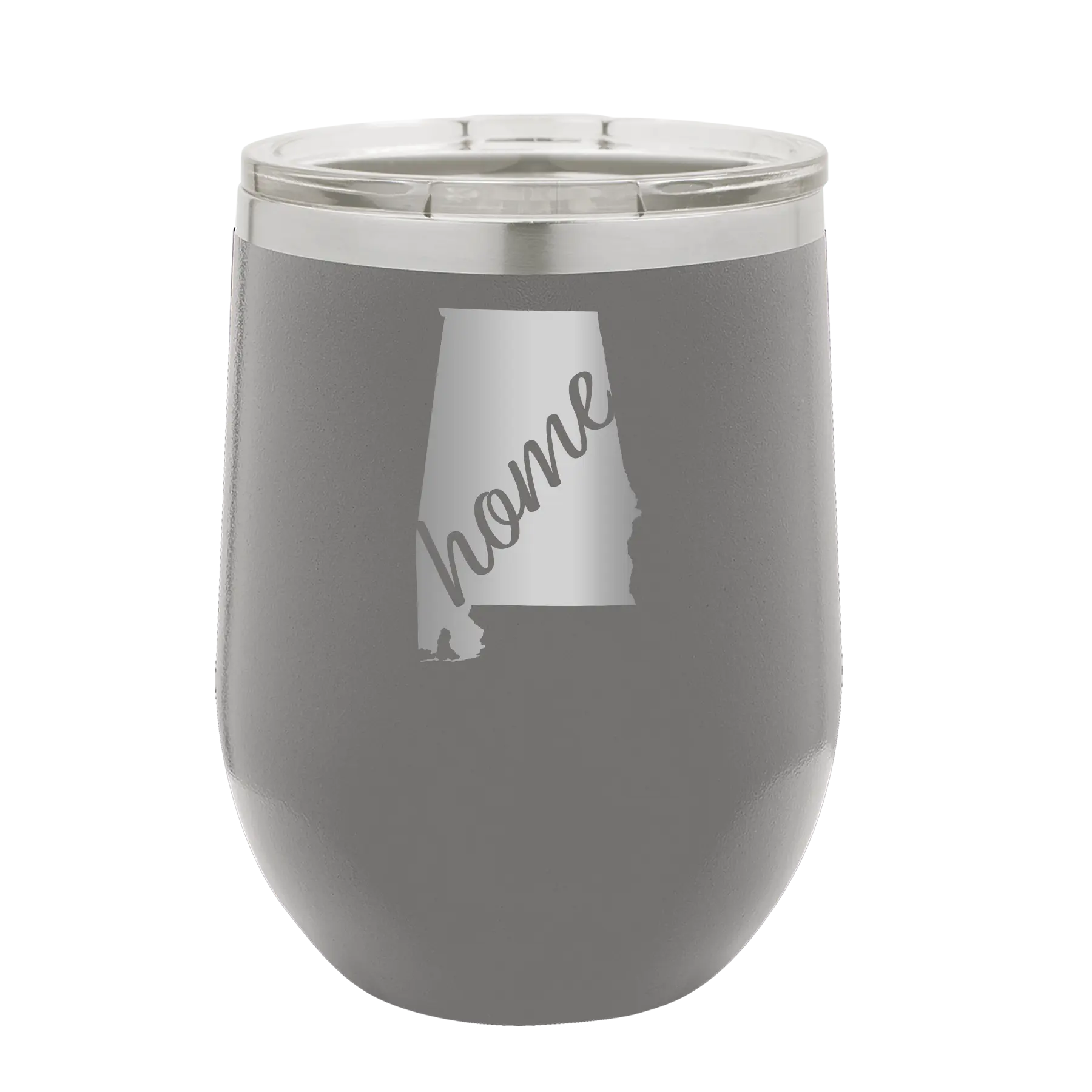Laser etched dark gray 12 oz vacuum insulated wine cup with 'Alabama Home' design