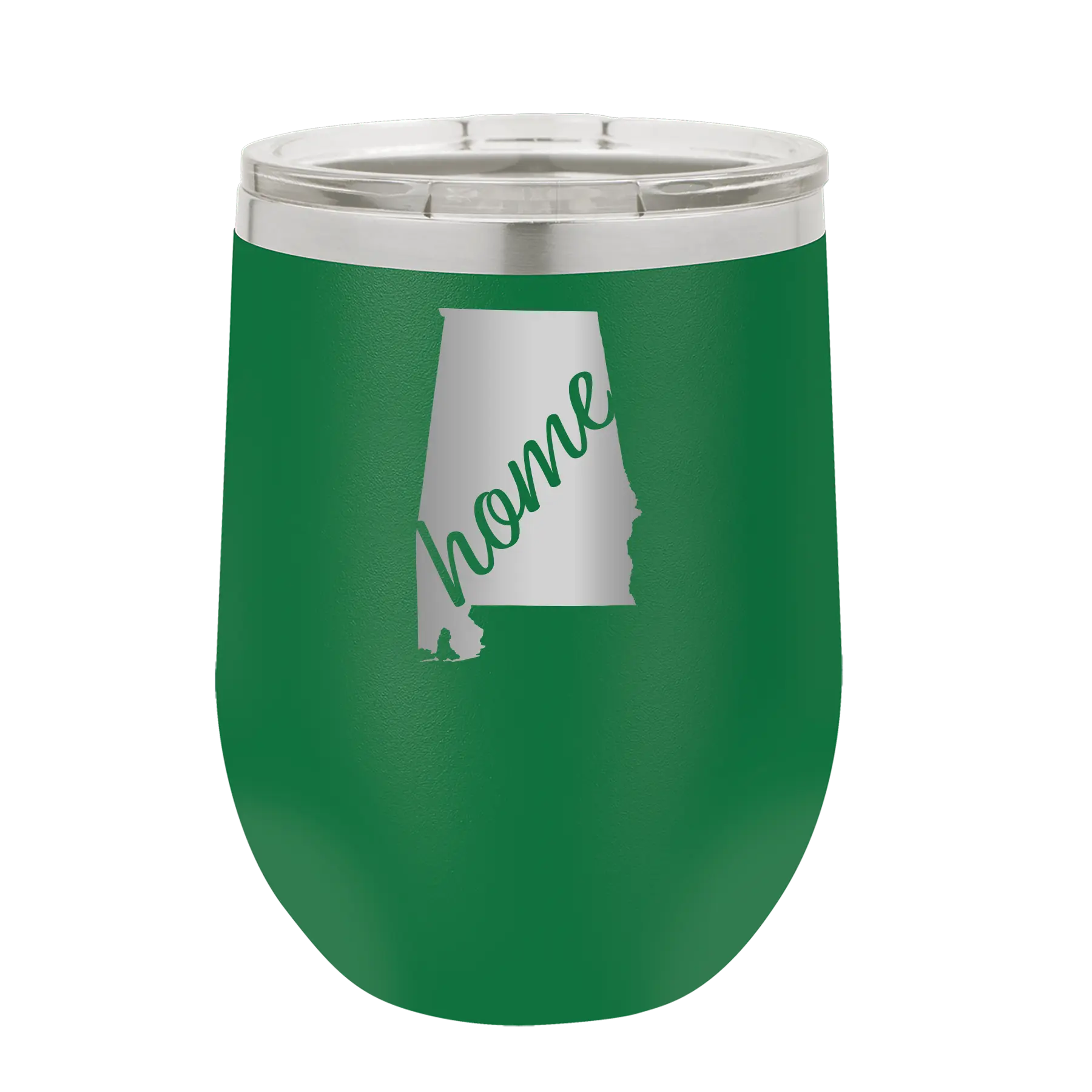 Laser etched green 12 oz vacuum insulated wine cup with 'Alabama Home' design