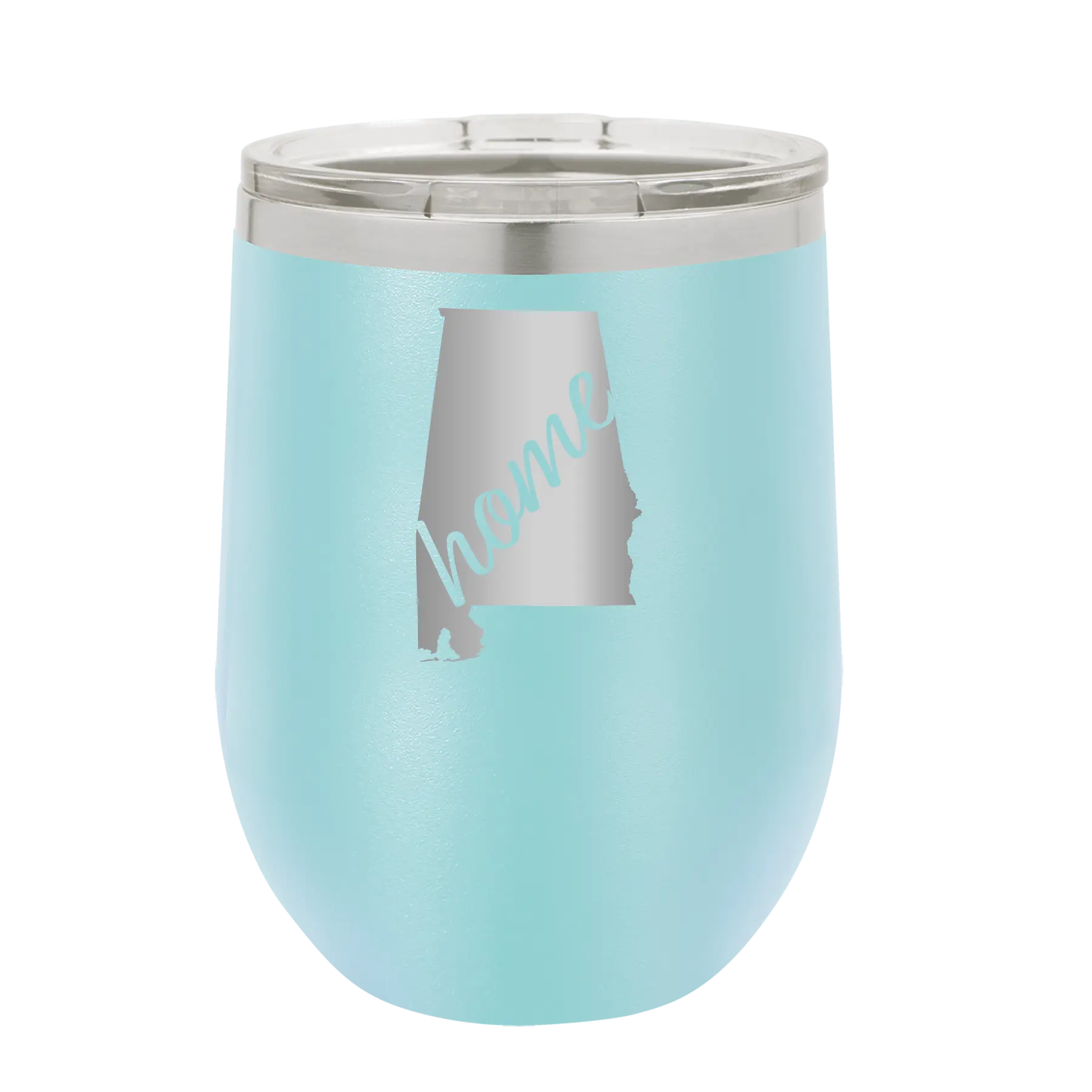 Laser etched light blue 12 oz vacuum insulated wine cup with 'Alabama Home' design