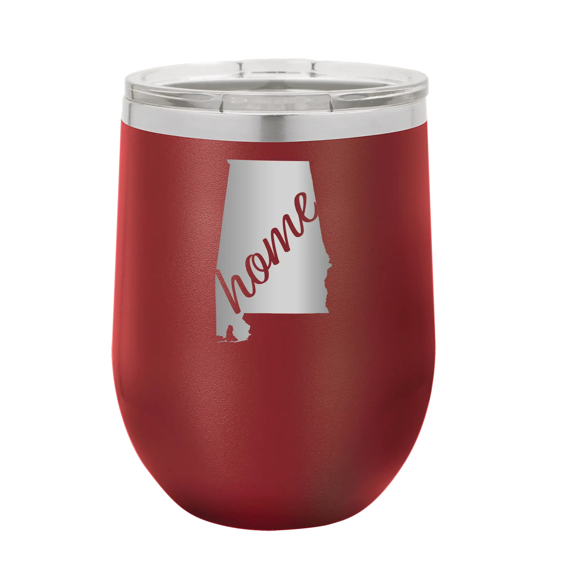 Laser etched maroon 12 oz vacuum insulated wine cup with 'Alabama Home' design