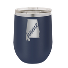 Laser etched navy 12 oz vacuum insulated wine cup with 'Alabama Home' design