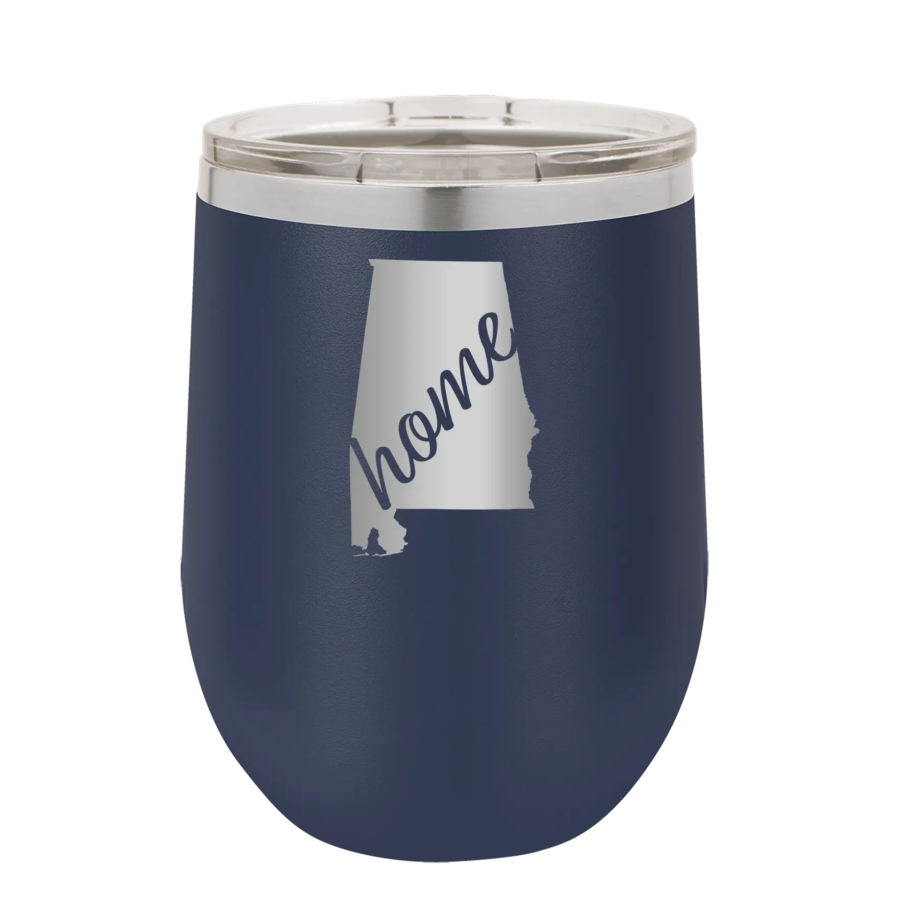 Laser etched navy 12 oz vacuum insulated wine cup with 'Alabama Home' design