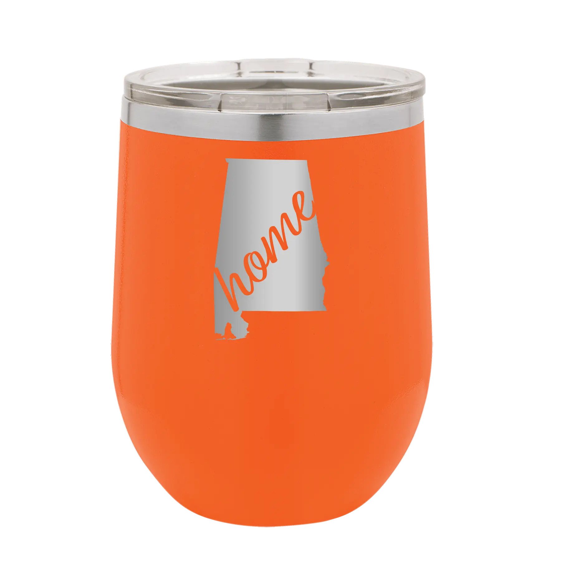 Laser etched orange 12 oz vacuum insulated wine cup with 'Alabama Home' design