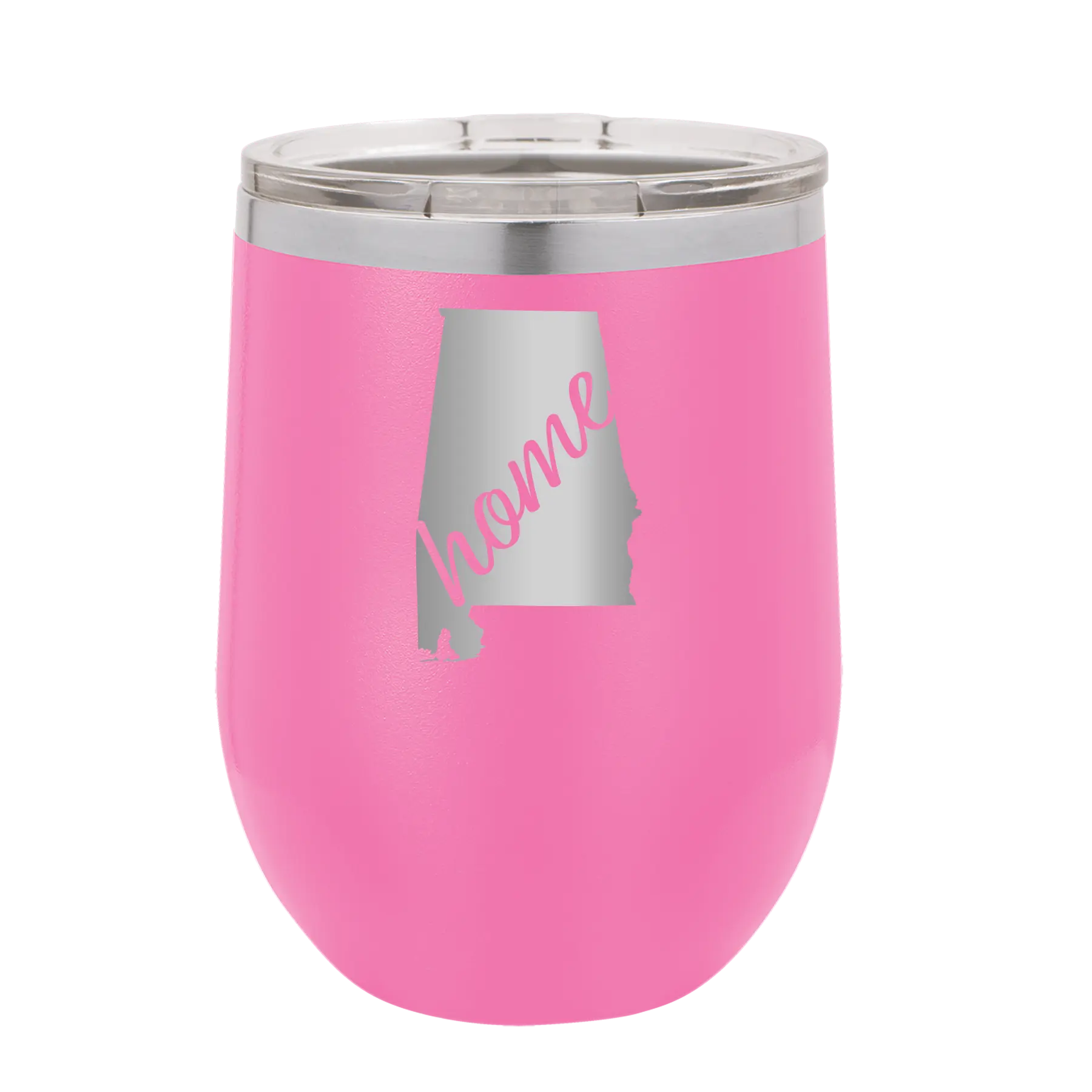 Laser etched pink 12 oz vacuum insulated wine cup with 'Alabama Home' design