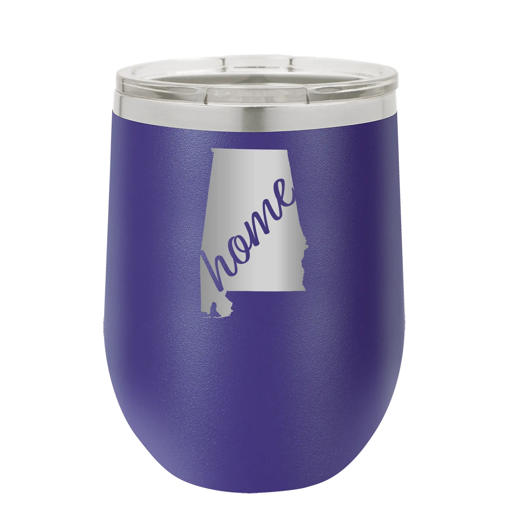 Laser etched purple 12 oz vacuum insulated wine cup with 'Alabama Home' design