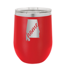 Laser etched red 12 oz vacuum insulated wine cup with 'Alabama Home' design