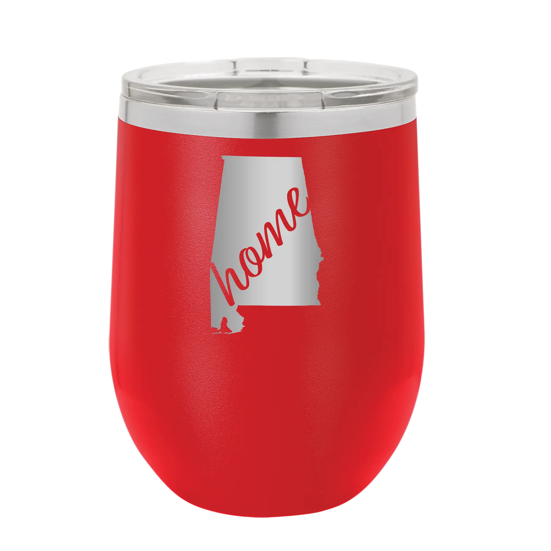 Laser etched red 12 oz vacuum insulated wine cup with 'Alabama Home' design