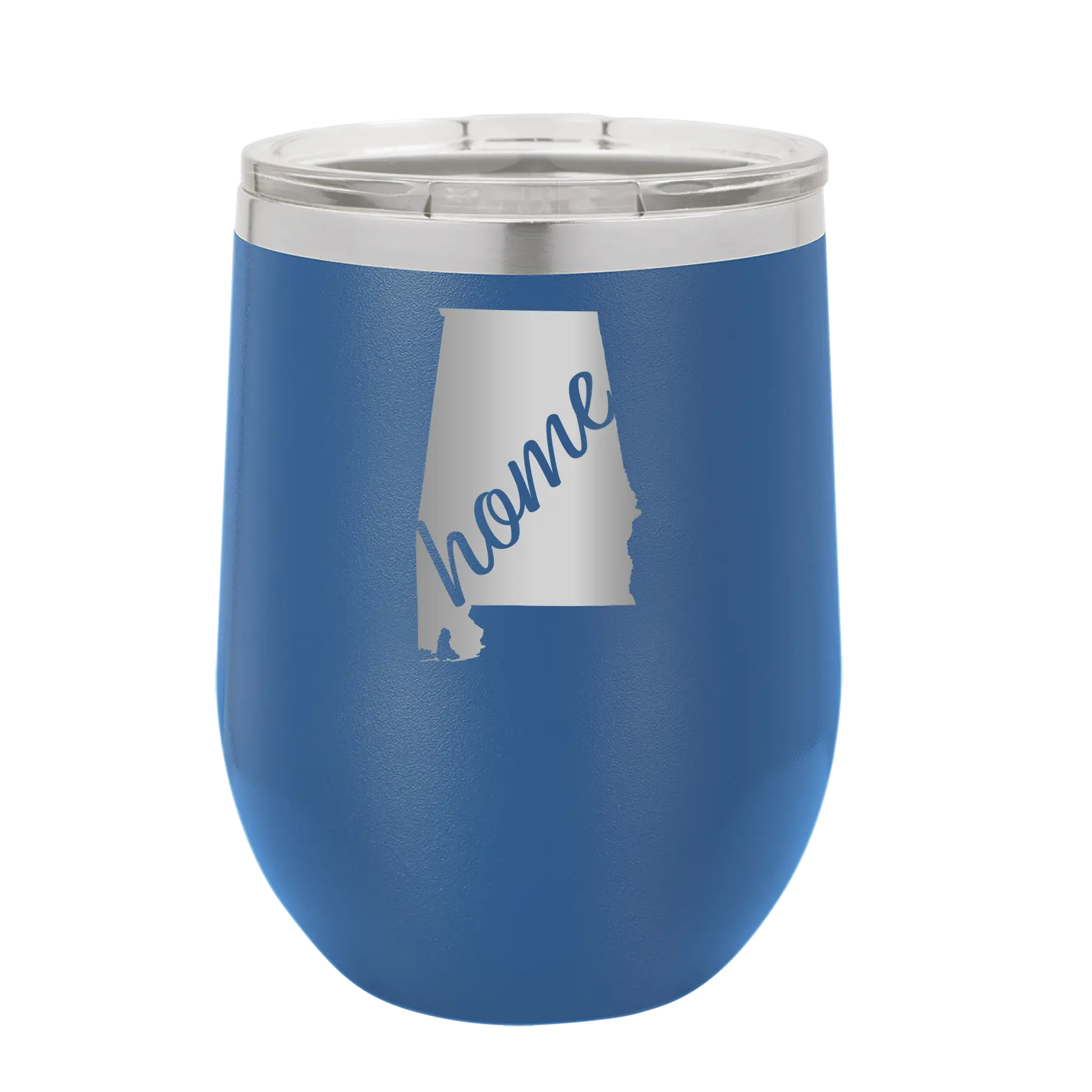 Laser etched royal blue 12 oz vacuum insulated wine cup with 'Alabama Home' design
