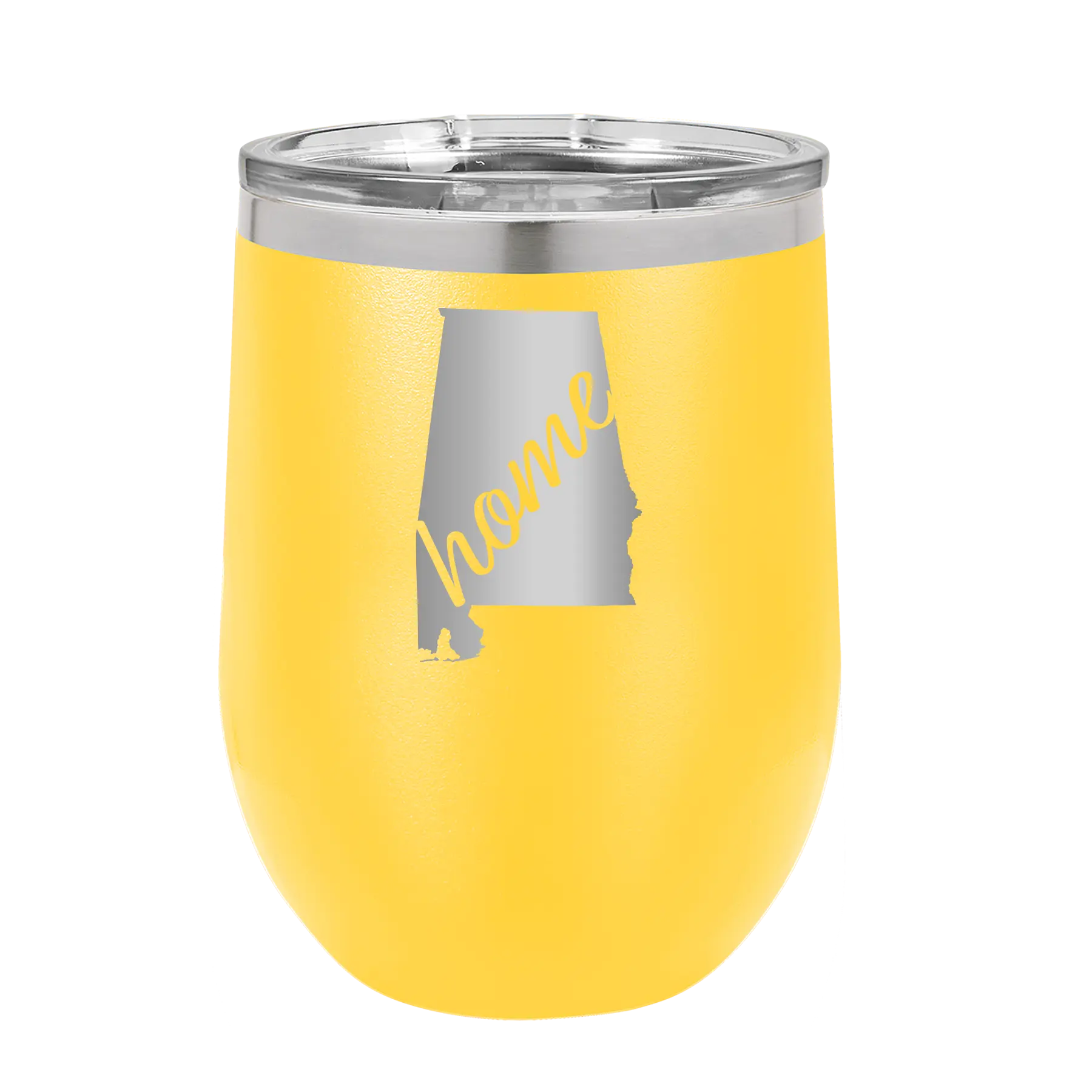 Laser etched yellow 12 oz vacuum insulated wine cup with 'Alabama Home' design