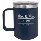 Personalized navy 15 oz vacuum insulated coffee mug with 'Mrs and Mrs' design