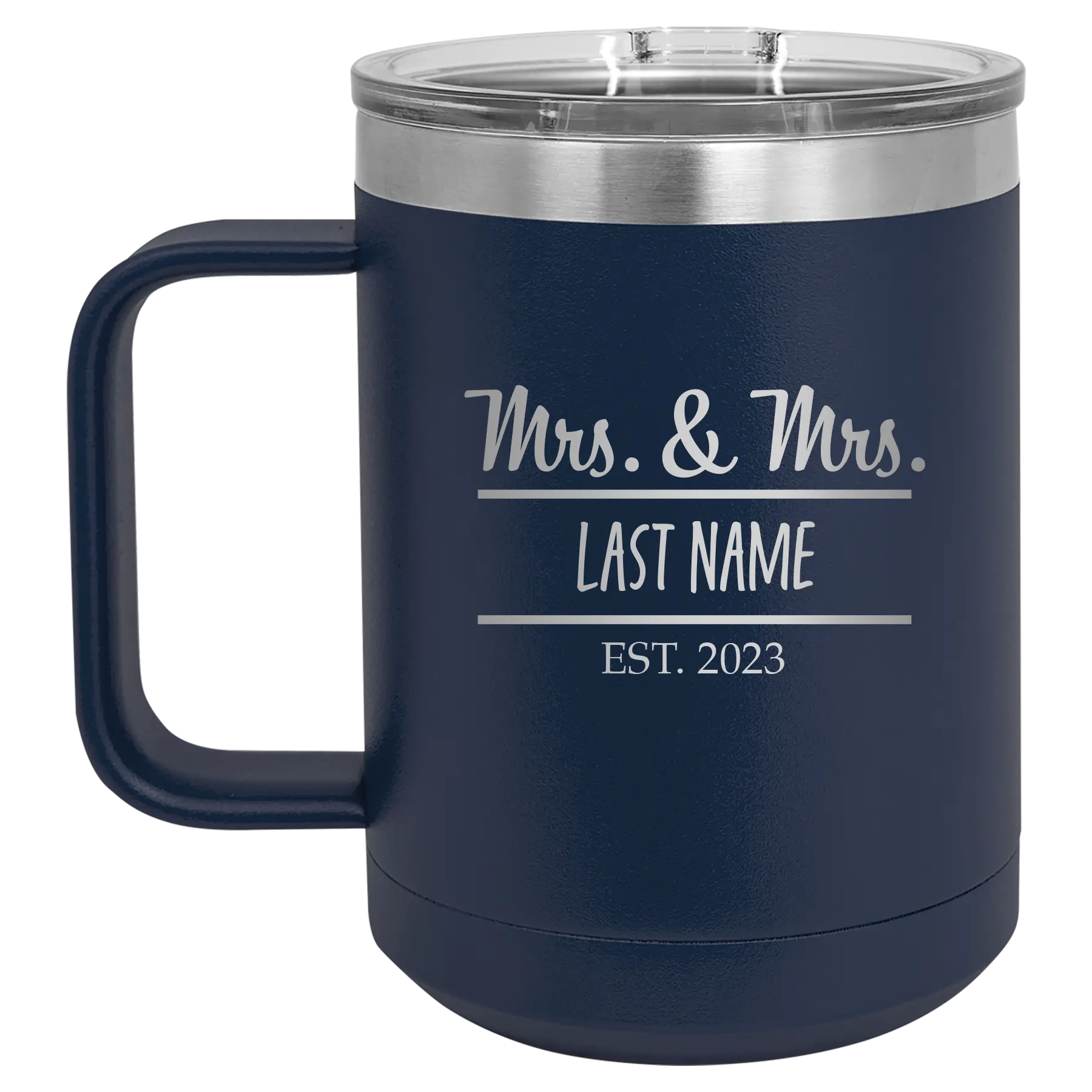 Personalized navy 15 oz vacuum insulated coffee mug with 'Mrs and Mrs' design