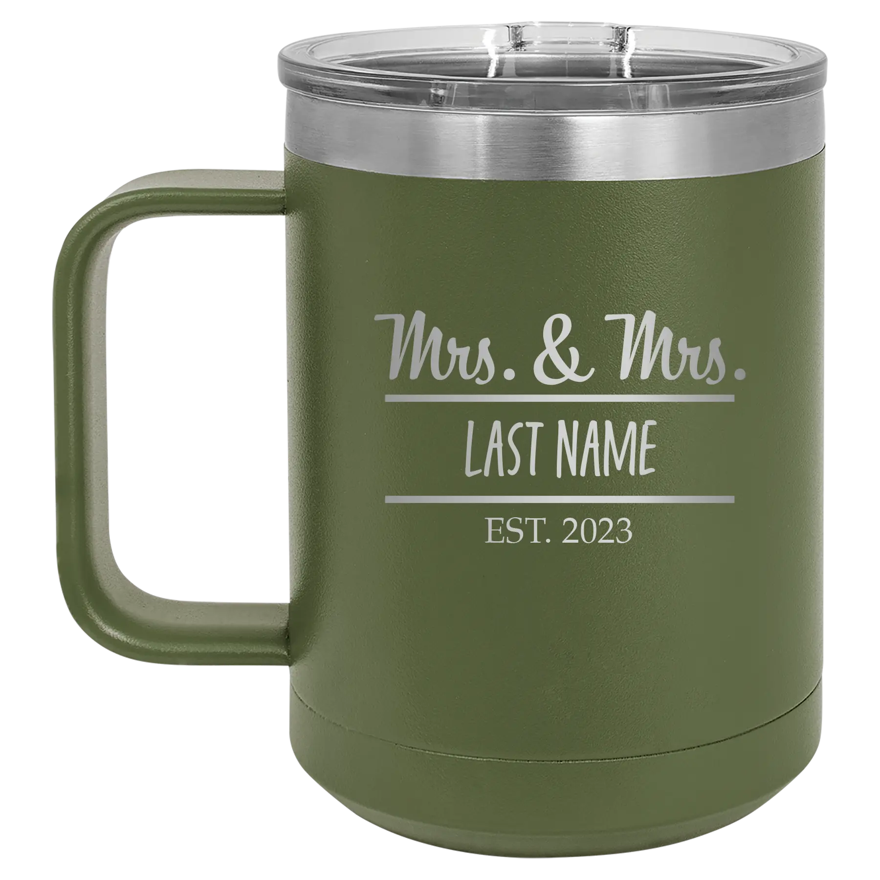 Personalized olive green 15 oz vacuum insulated coffee mug with 'Mrs and Mrs' design