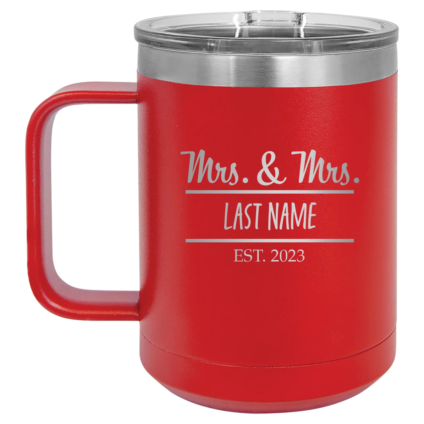 Personalized red 15 oz vacuum insulated coffee mug with 'Mrs and Mrs' design