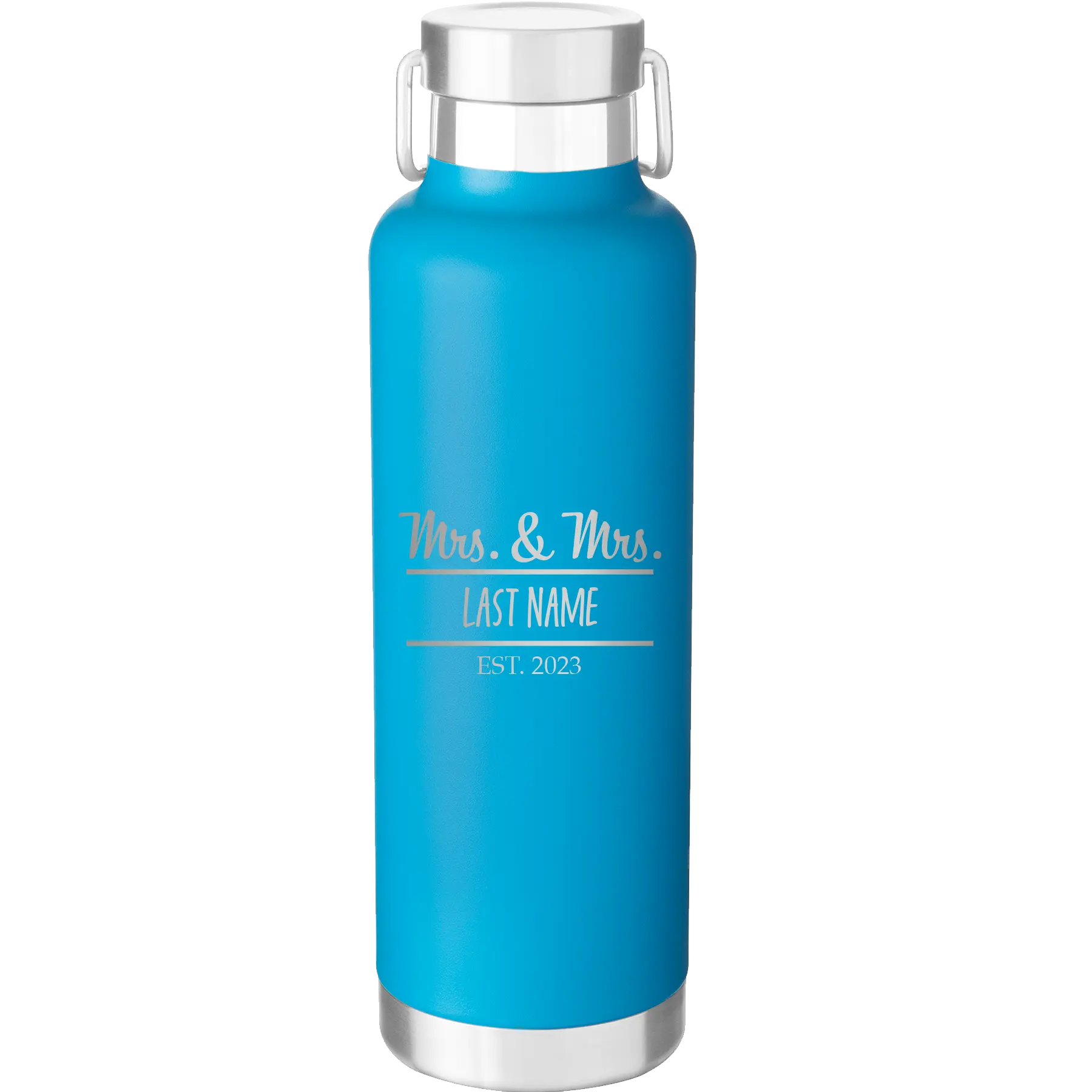 Personalized aqua 24 oz vacuum insulated water bottle with 'Mrs and Mrs' design