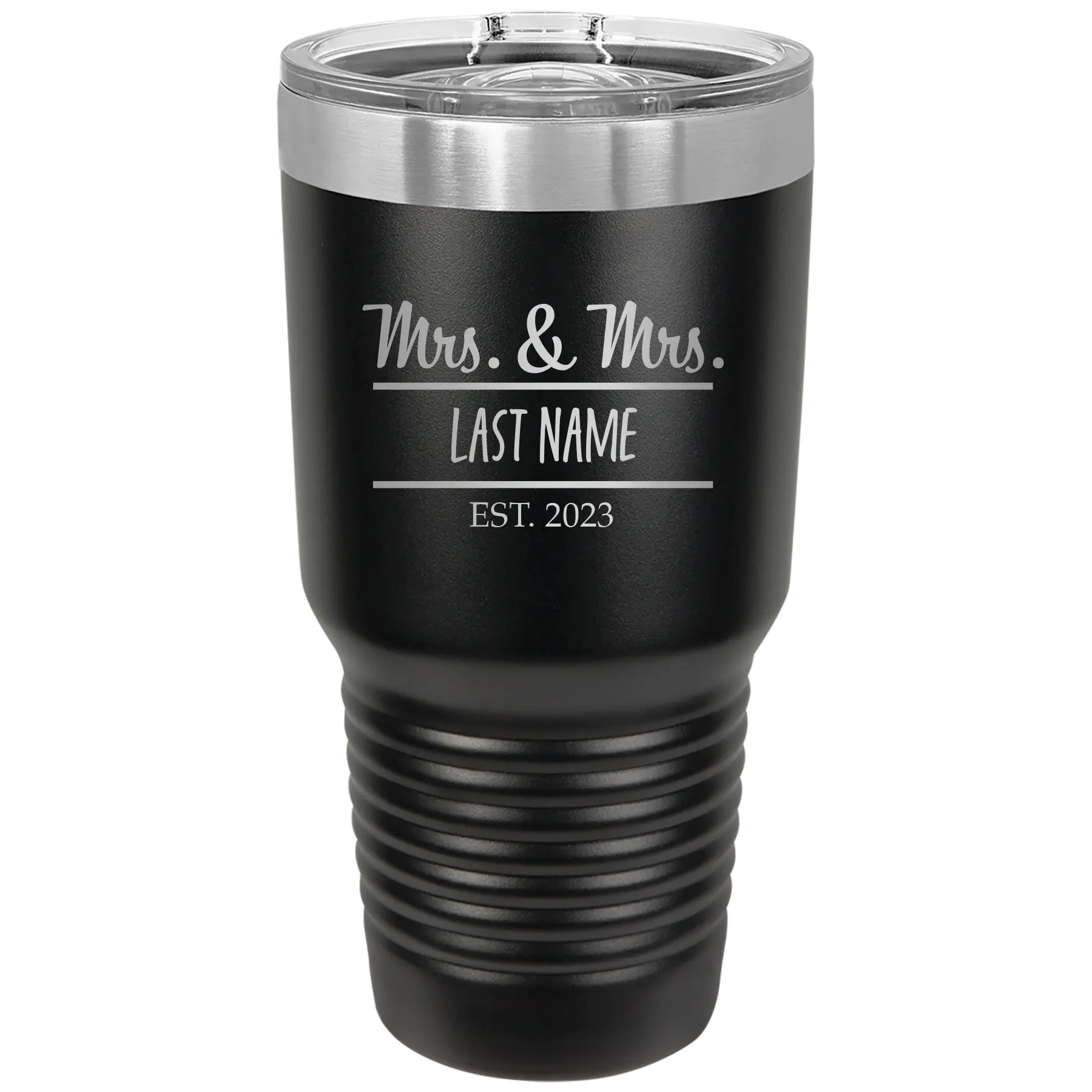 Personalized black 30 oz vacuum insulated tumbler with 'Mrs and Mrs' design