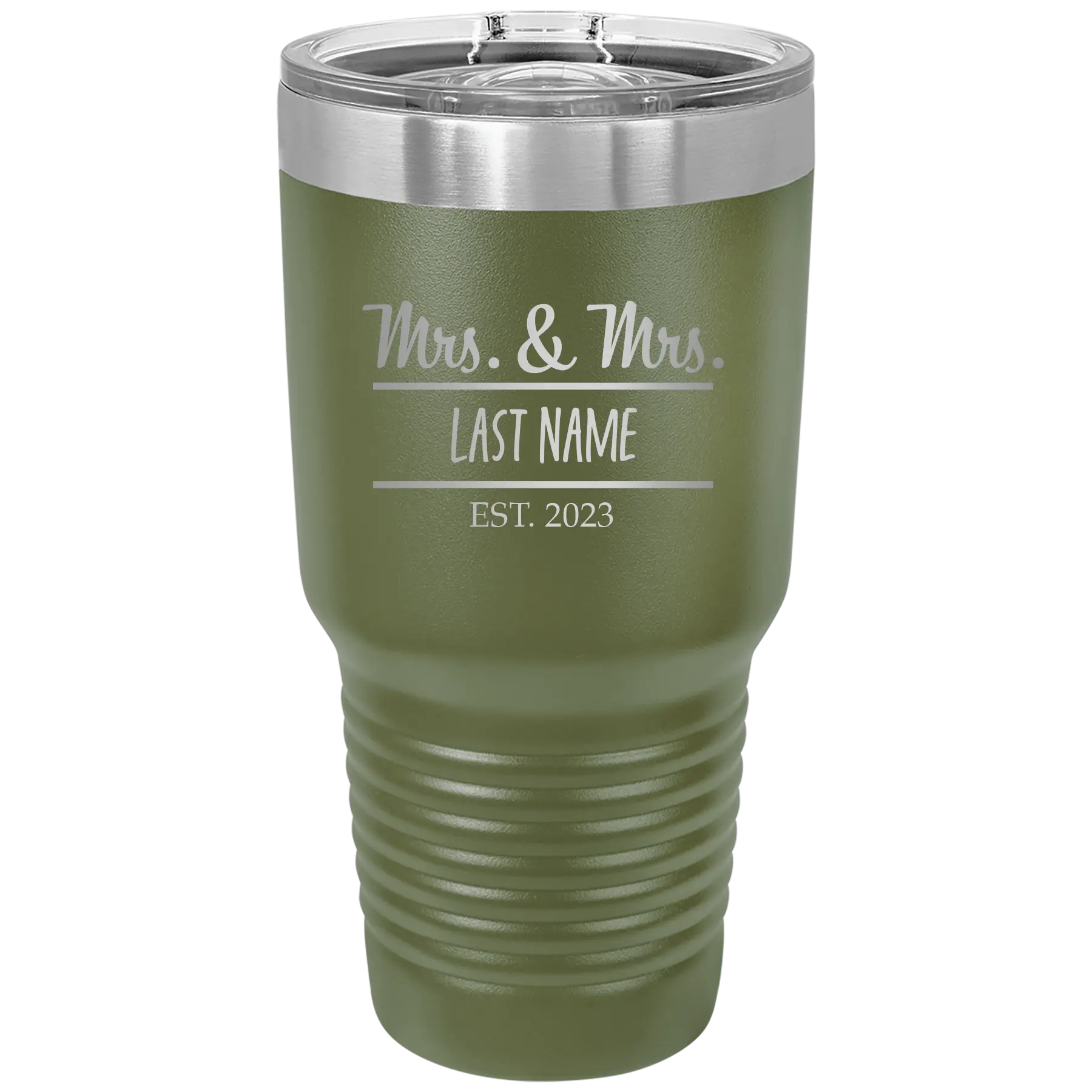 Personalized olive green 30 oz vacuum insulated tumbler with 'Mrs and Mrs' design