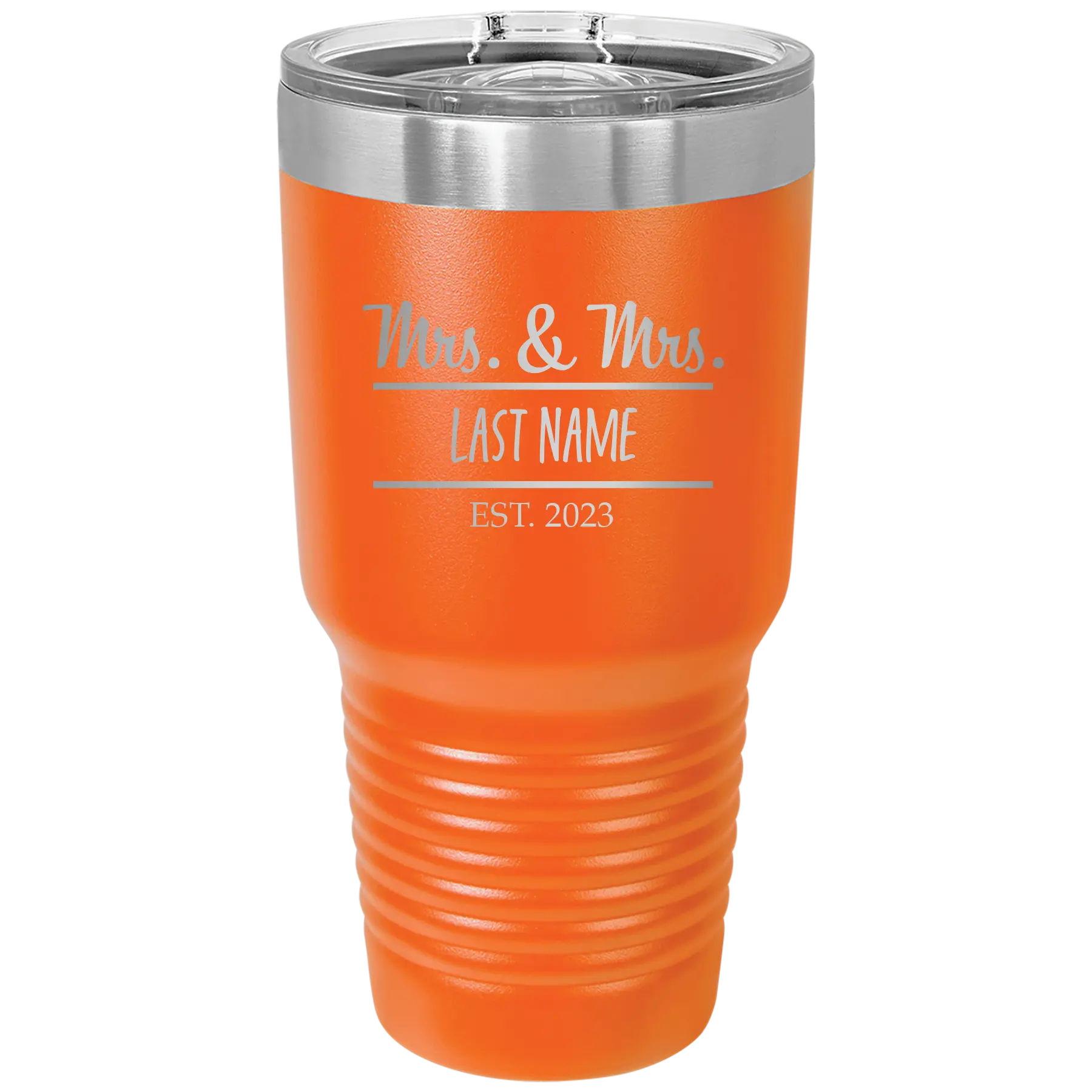 Personalized orange 30 oz vacuum insulated tumbler with 'Mrs and Mrs' design