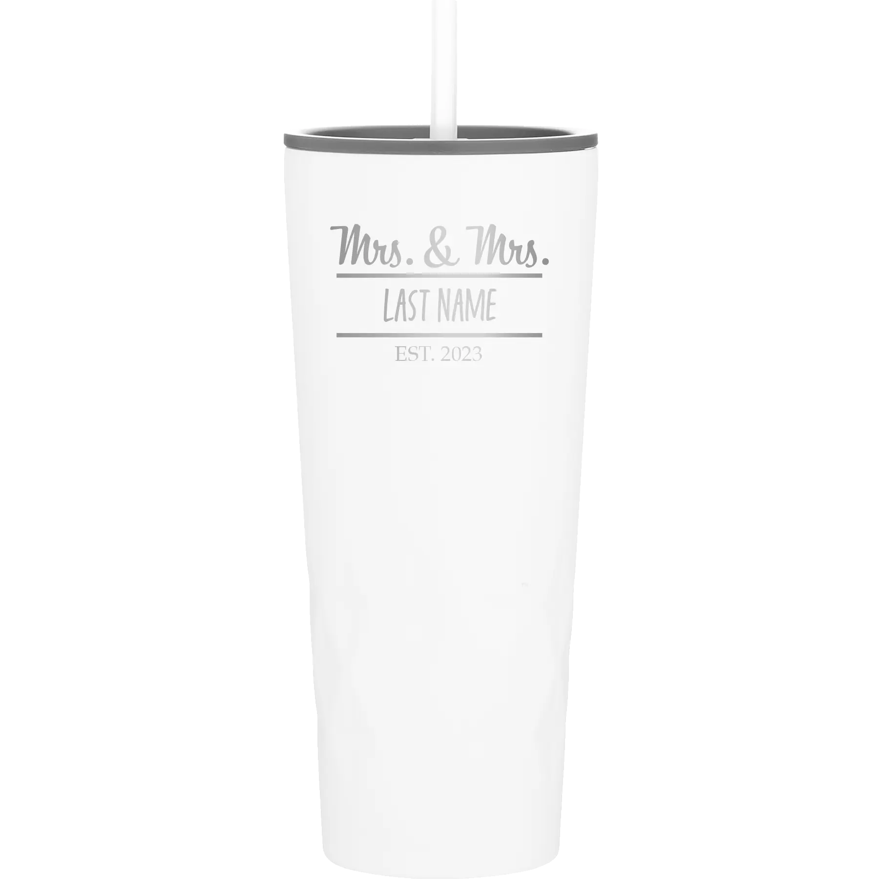 Personalized white 20 oz vacuum insulated tumbler with 'Mrs and Mrs' design