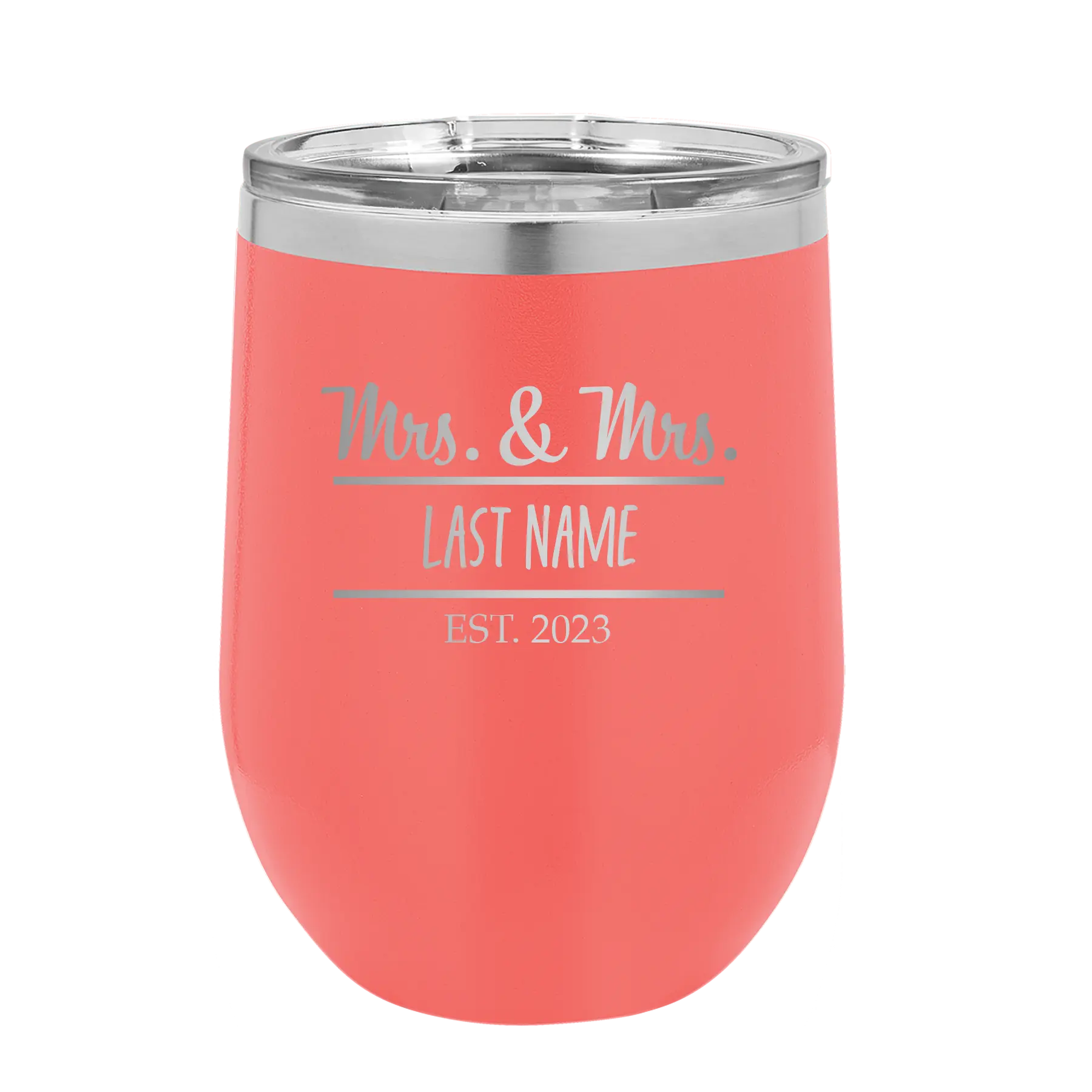 Personalized coral 12 oz vacuum insulated wine cup with 'Mrs and Mrs' design