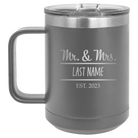 Personalized dark gray 15 oz vacuum insulated coffee mug with 'Mr and Mrs' design