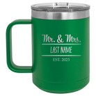 Personalized green 15 oz vacuum insulated coffee mug with 'Mr and Mrs' design