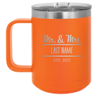 Personalized orange 15 oz vacuum insulated coffee mug with 'Mr and Mrs' design