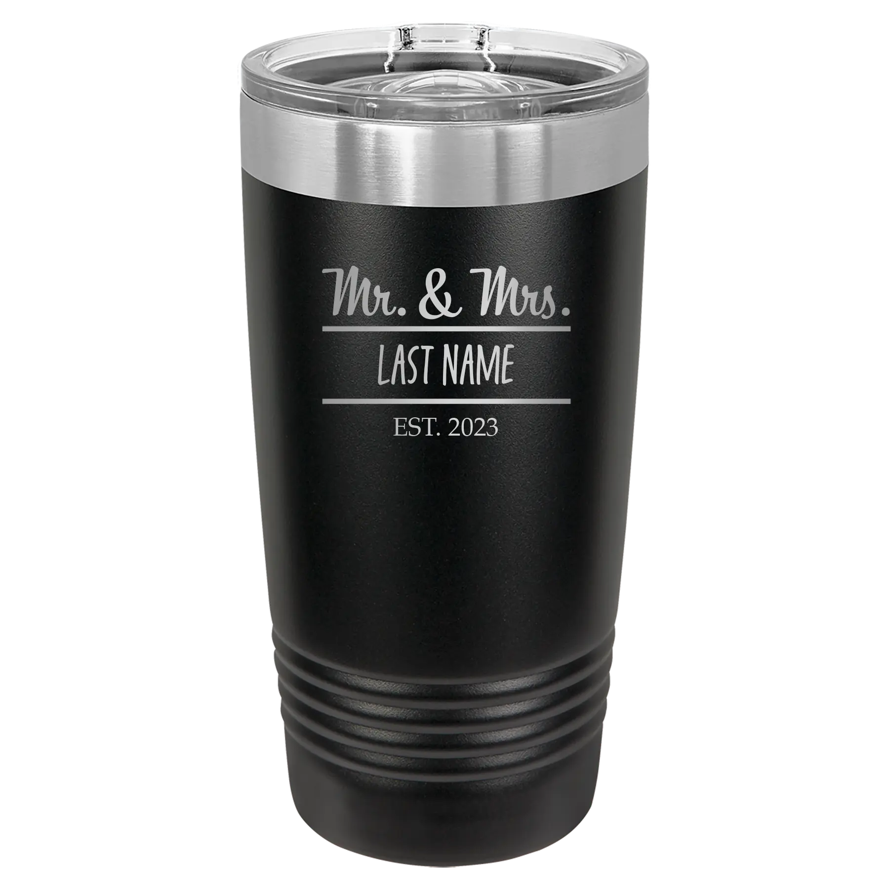Personalized black 20 oz vacuum insulated tumbler with 'Mr and Mrs' design