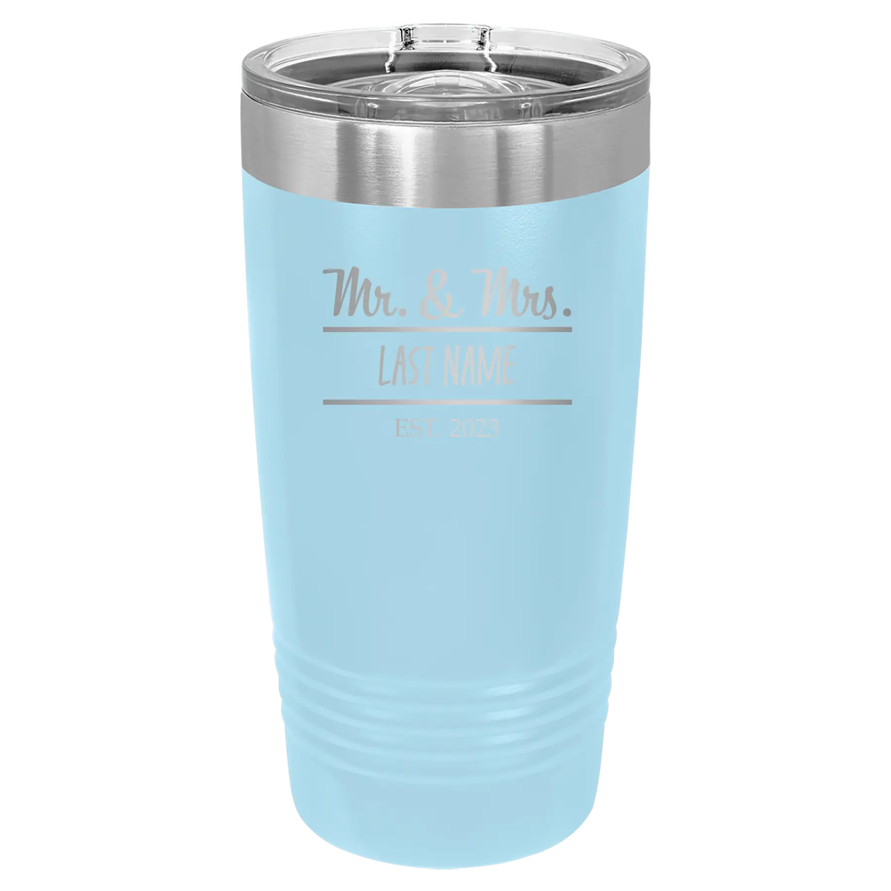 Personalized light blue 20 oz vacuum insulated tumbler with 'Mr and Mrs' design